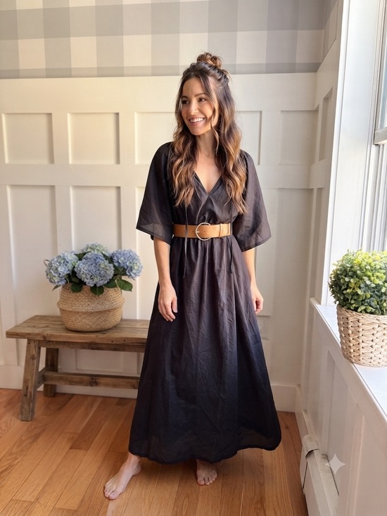 Le Petit Trou Dresses & Skirts - Le Petit Trou Black V-Neck Maxi Dress with Tan Belt